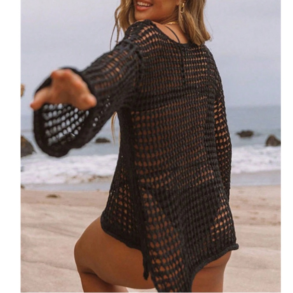 Crochet Loose Fit Sheer Long sleeve Beach Cover up Top - Picture 9 of 12